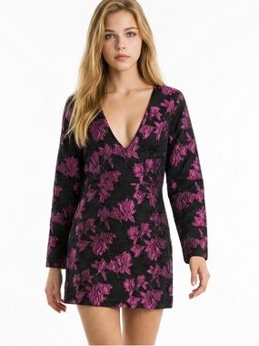 Lulus Womens Large‎ Elegant Taste Floral Jacquard Mini Dress Black Pink NWT
